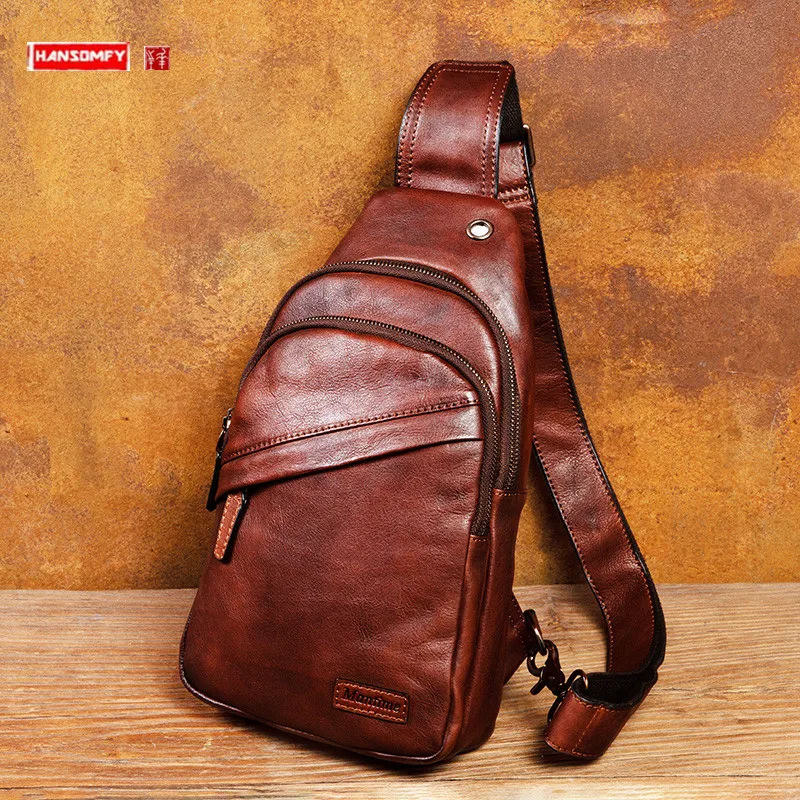 

Hand-Rub Color Leather Men's Chest Bag Fashion Fashion Casual Messenger Bag Chest Bag Retro First Layer Cowhide Small Backpack