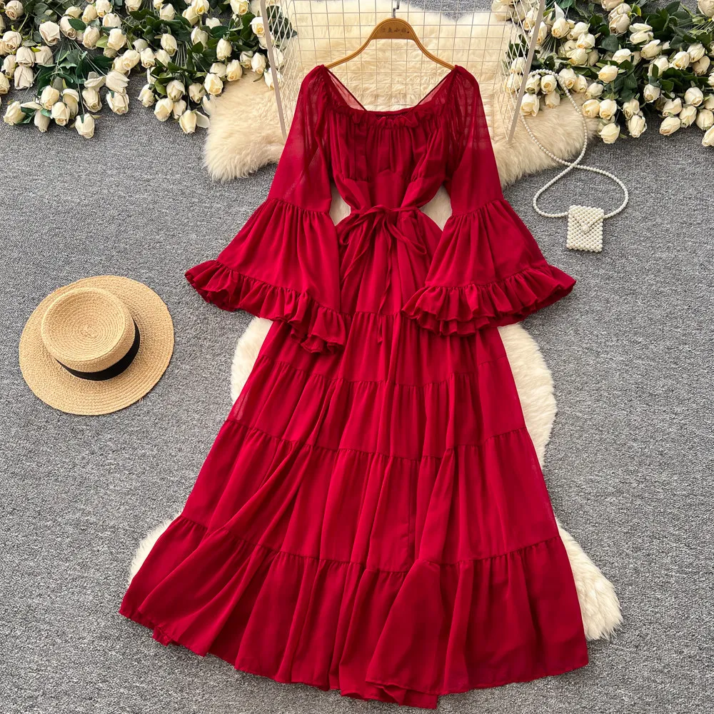 

Women Long Dress Dresses Tight Waist Vestidos Y2k Streetwear Square Collar Lantern Sleeve Elegant Splice Party Night Work 2026