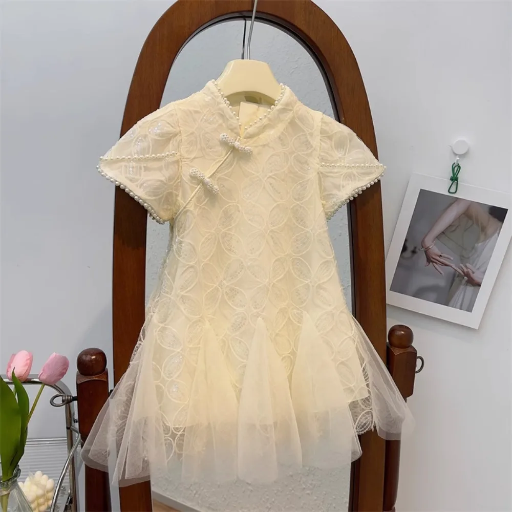 Bear Leader 3-7 Years Fashionable New Girls Clothes Sequined Pearl Decoration Cheongsam Dress Summer Retro Mesh Princess Dresses