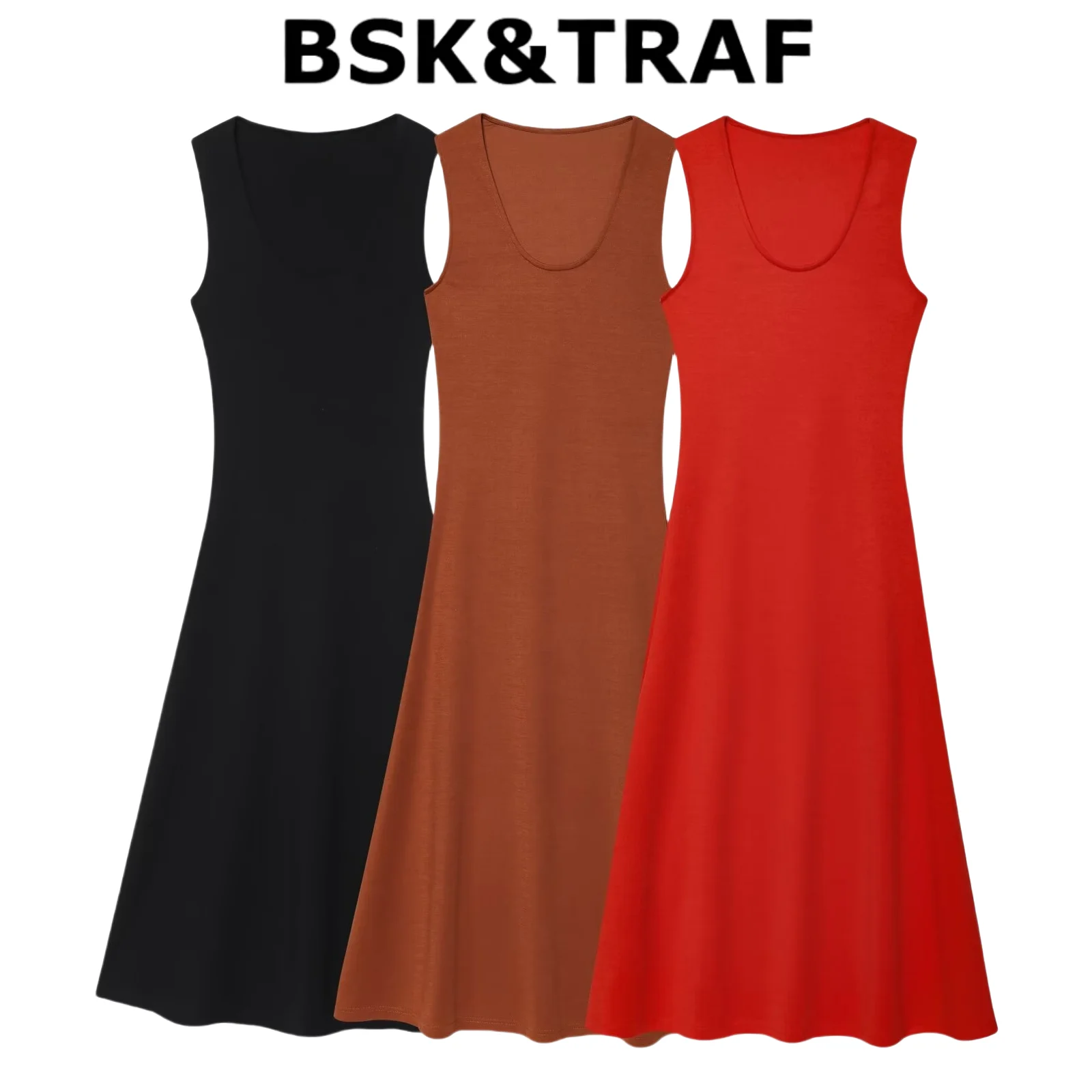 

BSK&TRAF2025 Summer New Women's Solid Color Wide Swing Design Double-Sided Fabric Round Neck Sleeveless Midi Dress 4174/185