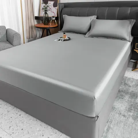 여름 아이스 실크 침대 커버, 워싱 아이스 실크 장착 시트, 실키 터치 더블 탄성 매트리스 커버, 킹 퀸 침대 커버, 풀 세트