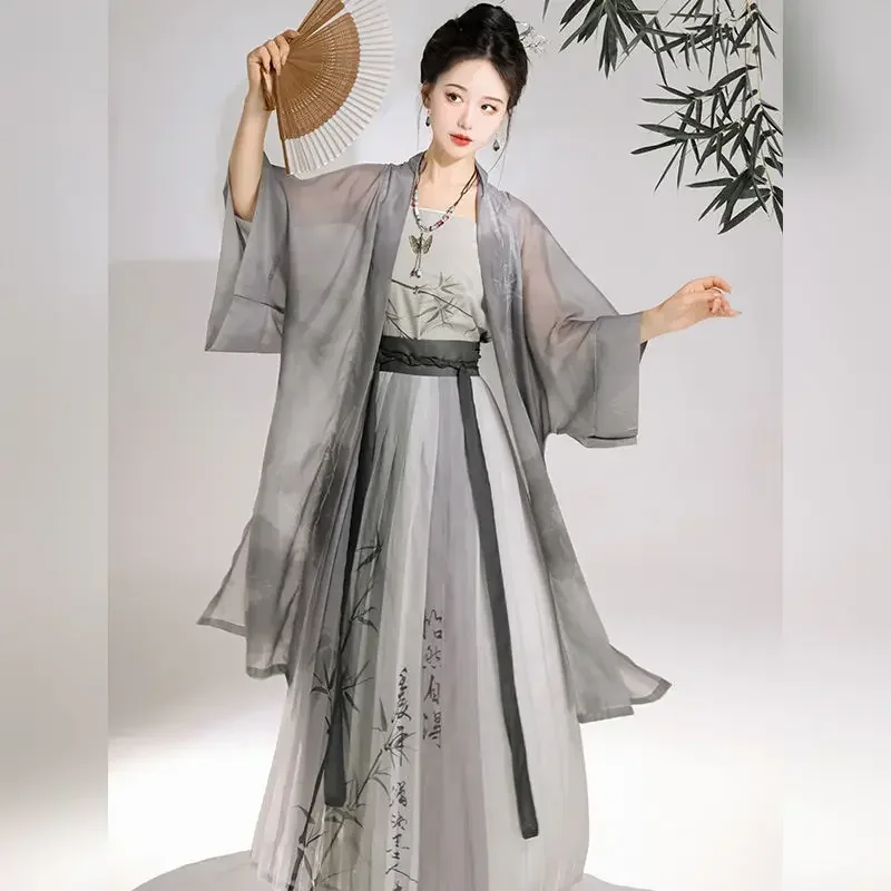 Autumn Women Traditional Chinese Clothing Grey Light Jacket Bamboo Print Dress Camisole Vêtements Traditionnels Chinois Femme