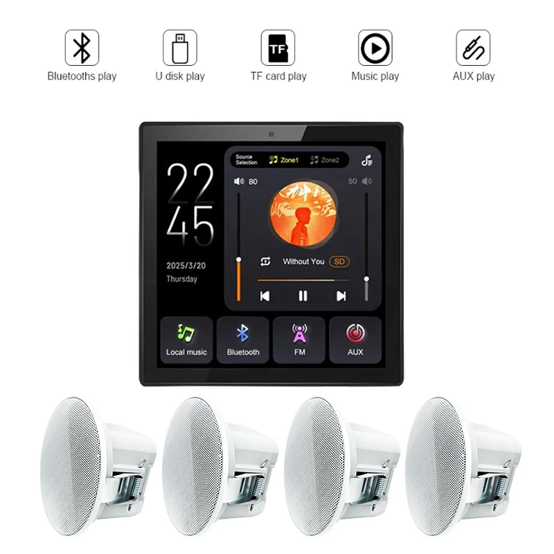 

4 Inch Bluetooth Background Music Player 2 Zone In-Wall Amplifier with FM Radio Stereo Ceiling Speaker Home Theater Sound System