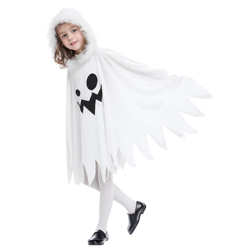 Halloween White Ghost Costume Cloak with Hood for Girls Children Elf Princess Cosplay Carnival Party Costumes