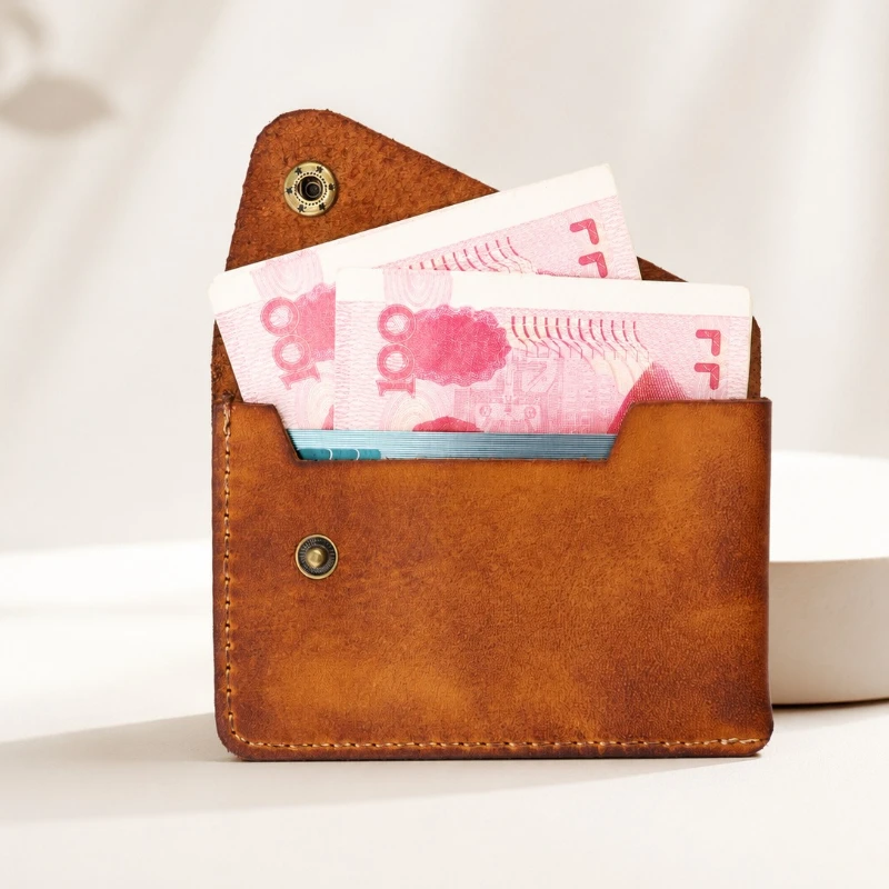 Coin Holder Men - Japanisches Vintage Echtleder-Kartenetui, Retro Druckknopf-Verschluss Schlanker