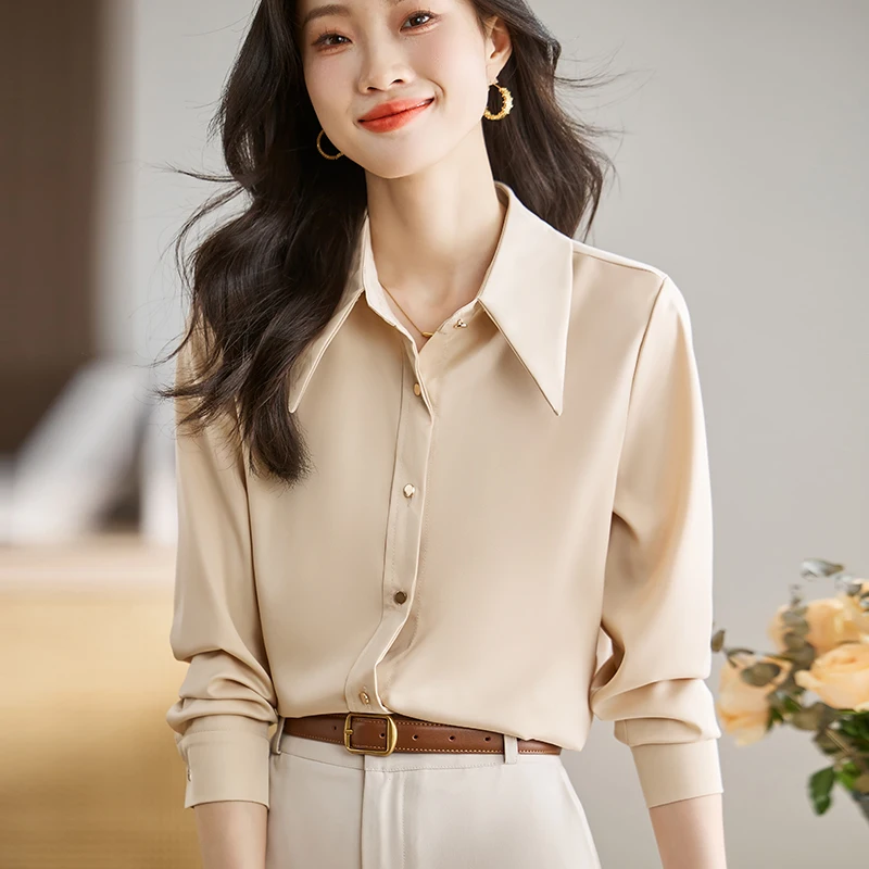 2025 senhora do escritório nova manga longa turn down collar camisa feminina branco preto cetim camisa blusa feminina topos de mujer n621