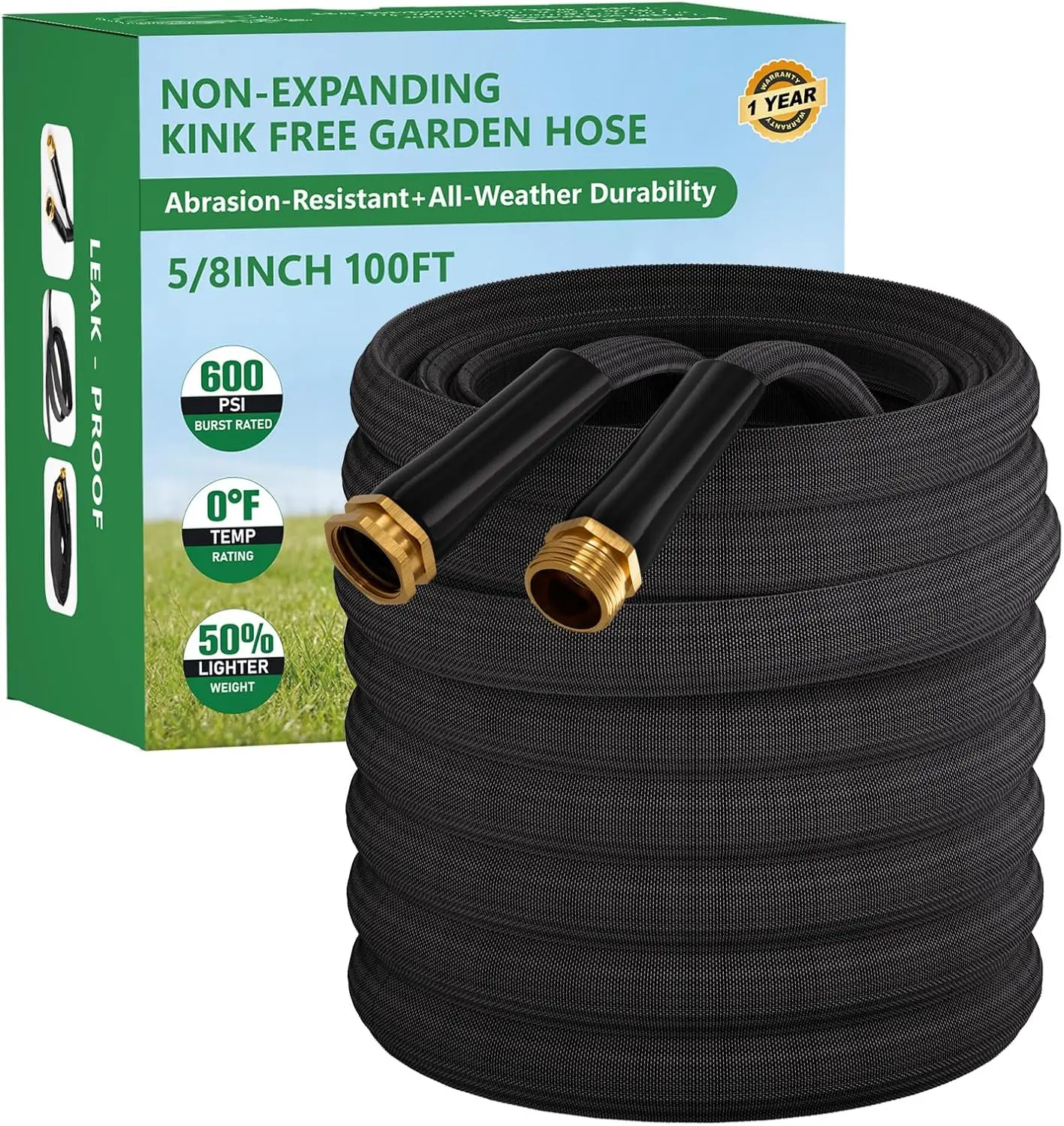 

100FT Non-Expanding Garden Hose, Ultra Lightweight Kink-Free Durable Water Hose for Yard Lawn Outdoor Car Washing