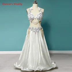 Trajes de competición de danza del vientre personalizados, sujetador con cuentas de diamantes brillantes, falda dividida Sexy, disfraz de actuación de bailarines indios orientales