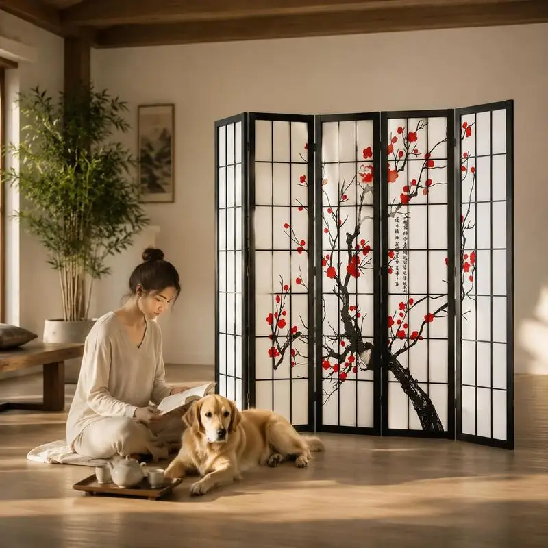 6-teiliger japanischer Raumteiler, faltbarer Sichtschutz aus Holz für den Innenbereich, Trennwände mit Kirschblütenmalerei, tragbare dekorative Trennwände zur Raumtrennung in Restaurants und