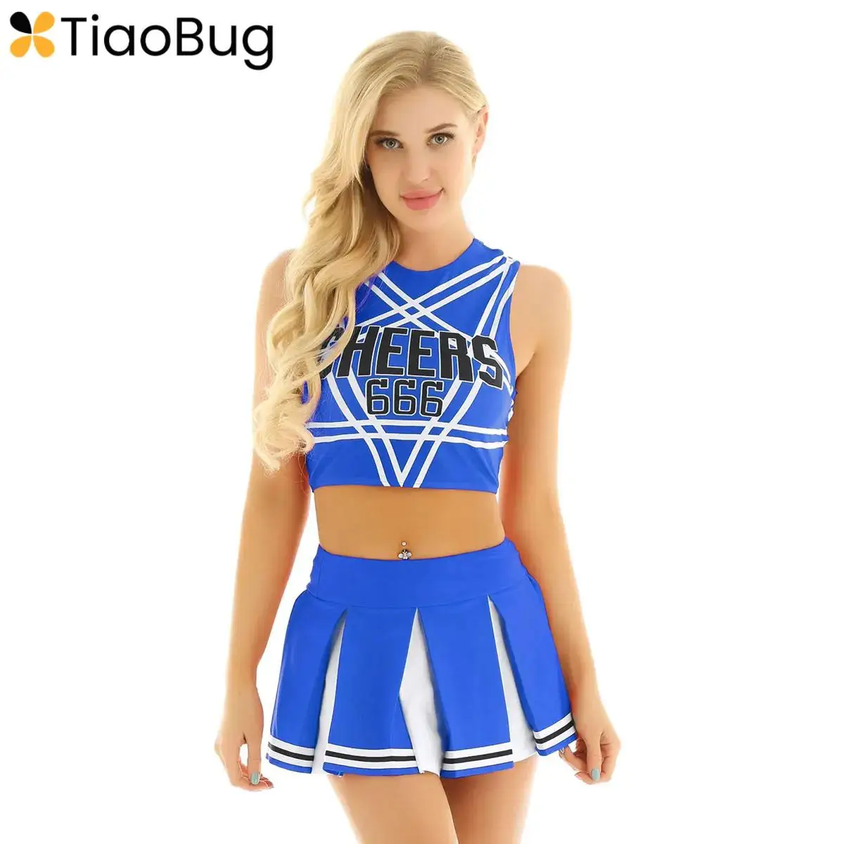 

Women Cheerleading Uniform Dancewear Carnival Party Cosplay Costume Adult Sleeveless Back Tank Crop Top+Mini Pleated Skirt Set