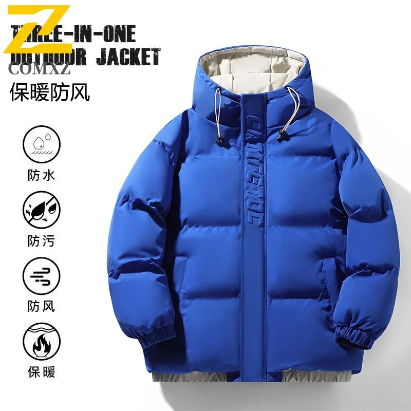 COMXZ 2025 Winter Fleece Lined Thick Hooded Unisex Cotton Jacket Solid Color Two Piece Set Mens Warm Outwear for Couples