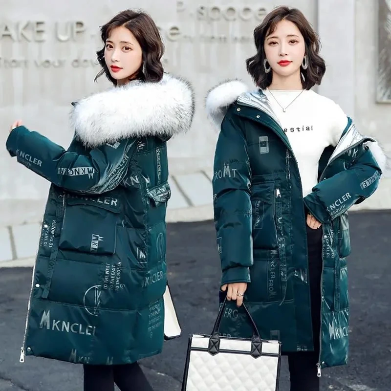 

Down Jacket Womens 2023 New Winter Fashion Glossy White Duck Down Coat Hooded Loose Parka Long Thick Female Printing Outerwear