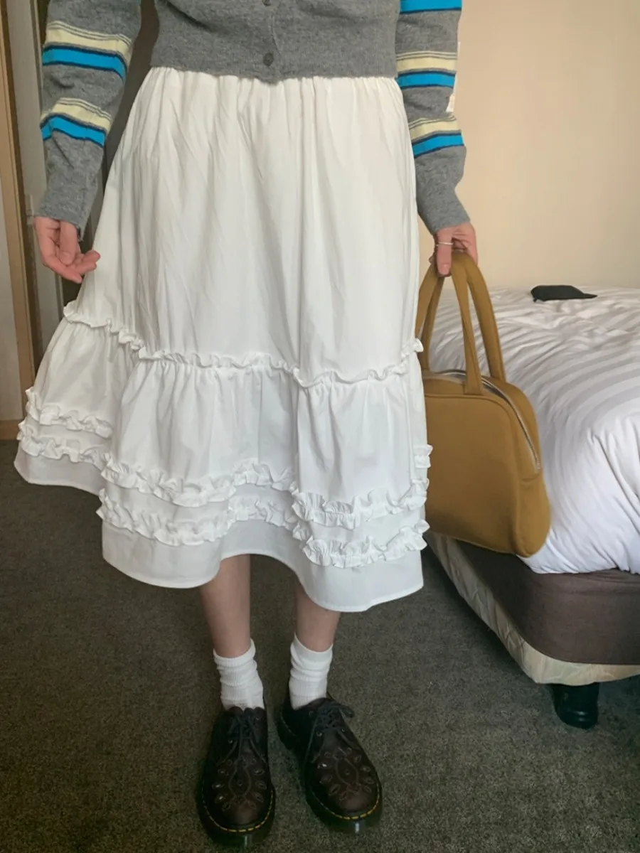 

Новая весенняя женская юбка-миди трапециевидной формы с эластичной резинкой на талии и подолом, однотонная кружевная юбка с цветочным принтом f-длины для поездок на работу Sle