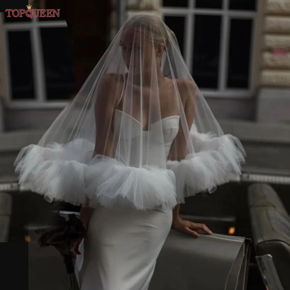 TOPQUEEN Handmade Short 2-Layer Ruffle Romantic Wedding Veil Bridal Veil Ball Performance Cover Heavy duty Veil Fingertips V183