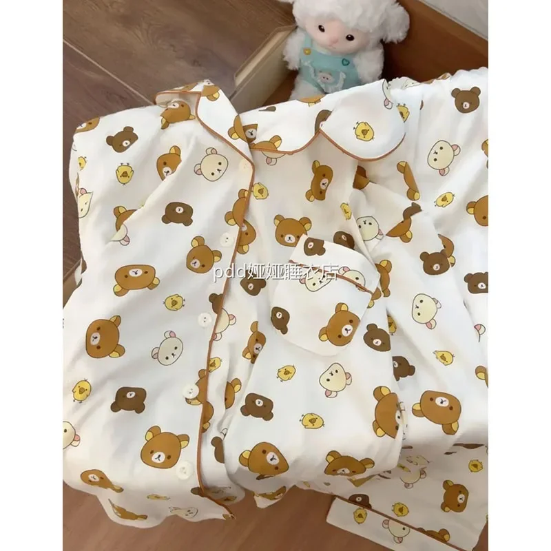 Pijama Kawaii Rilakkumas para mujer, pantalones de manga larga para primavera y otoño, seda auténtica Y2K, conjunto de ropa de casa con dibujos animados para chica, regalos de cumpleaños
