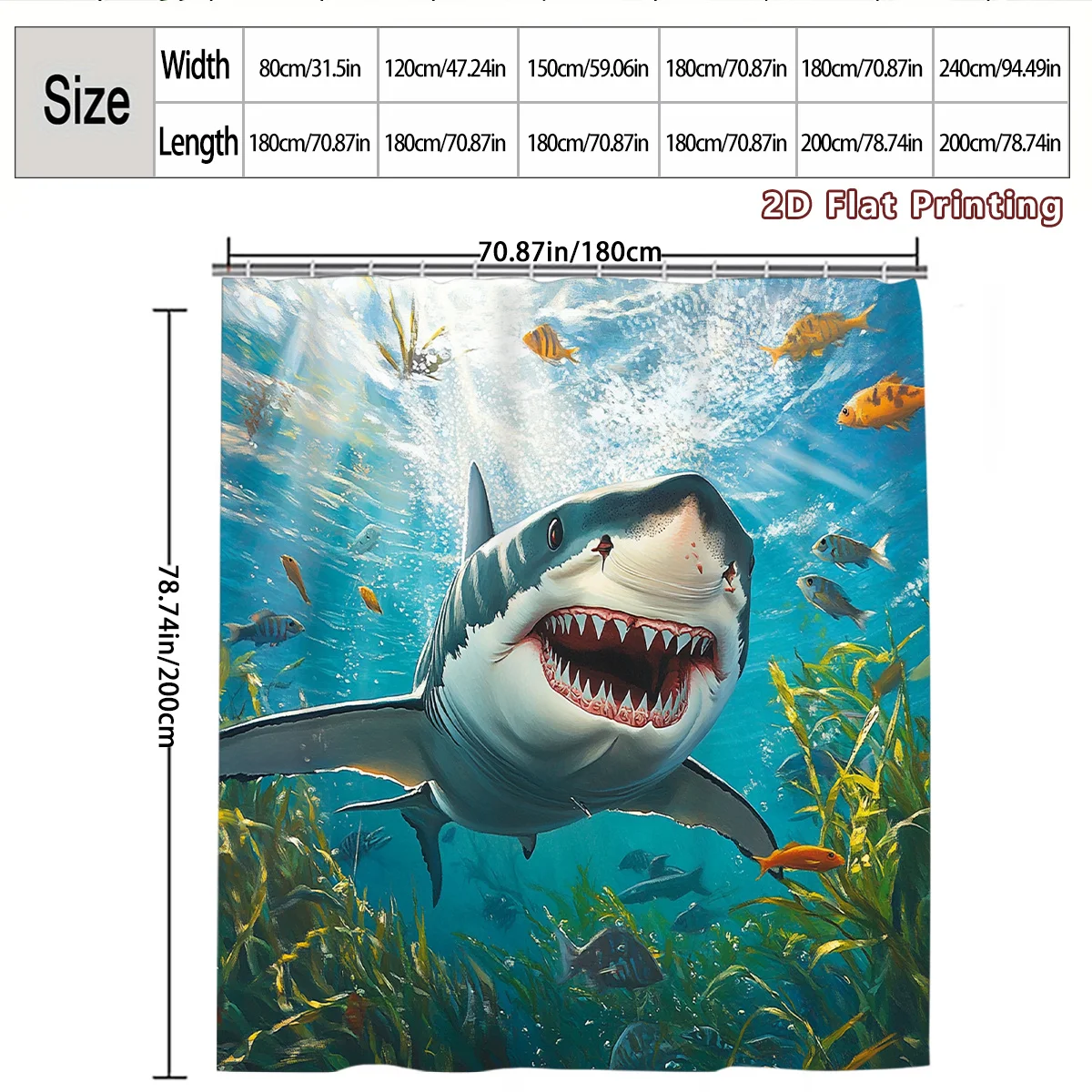 Vivid Shark Attack Underwater Scene Shower Curtain Waterproof Bathroom Decor Tropical Ocean Life Art