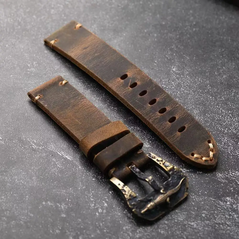 

Handmade bronze watch accessory strap 20 22 23 24 26MM dark brown head layer cowhide soft vintage version