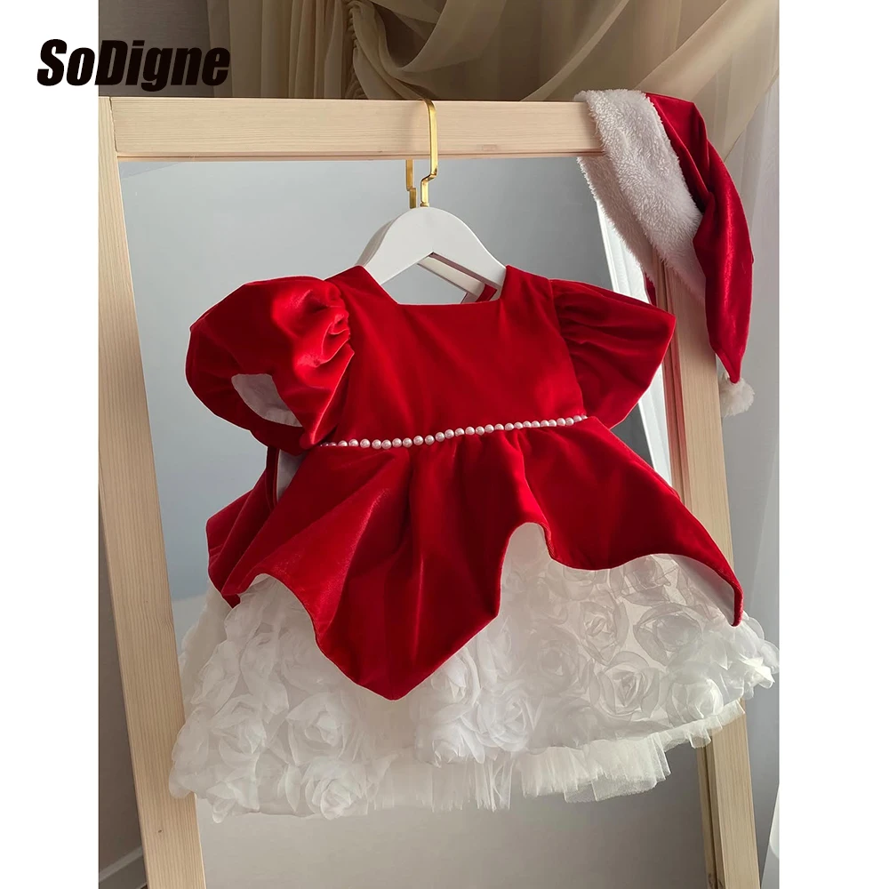 SoDigne Velvet  A-line Short Flower Girl Gowns Short Sleeves Pearls Girl Birthday Party Dresses Mini Sleeves Customized