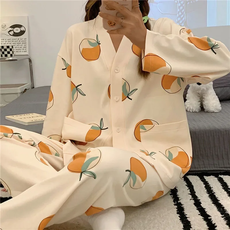 Japanese Kimono Style Autumn Winter Womens Pajamas Sets Cotton Long Sleeves Homesuits Casual V-neck Lapel Sleepwear