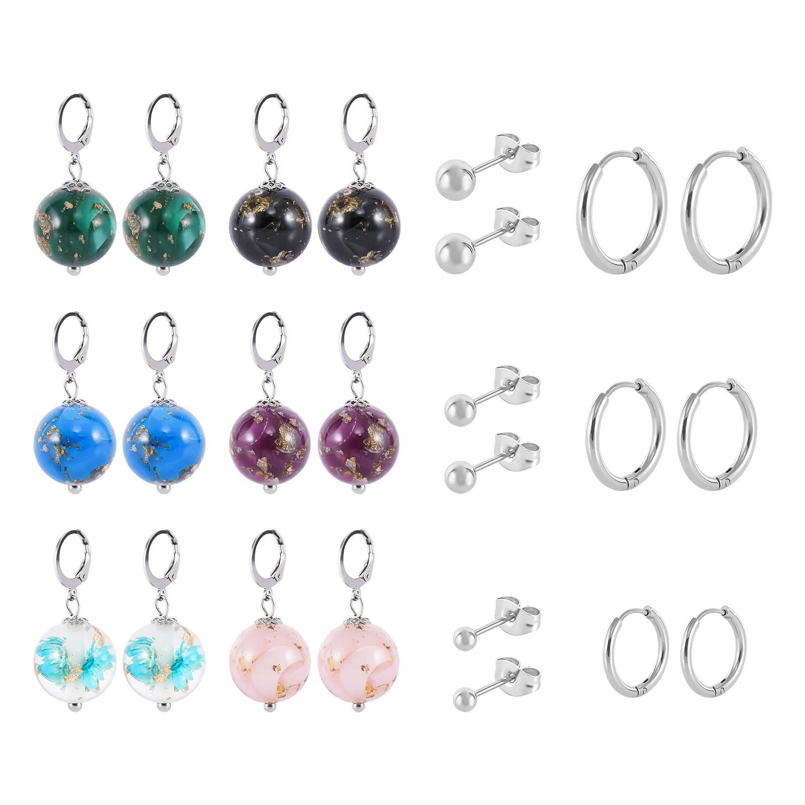 

Multicolor Resin Ball Leverback Dangle Drop Earrings Set, 12 Pairs Surgical Stainless Steel Colorful Drop Earrings for Women