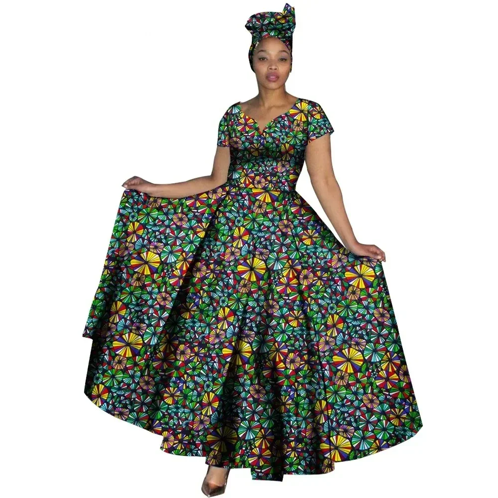 Fashion Women Clothes African Dresses Ankara Print V-neck Maix Long Dresses with Head Scarf Dashiki Women Outfit WY749