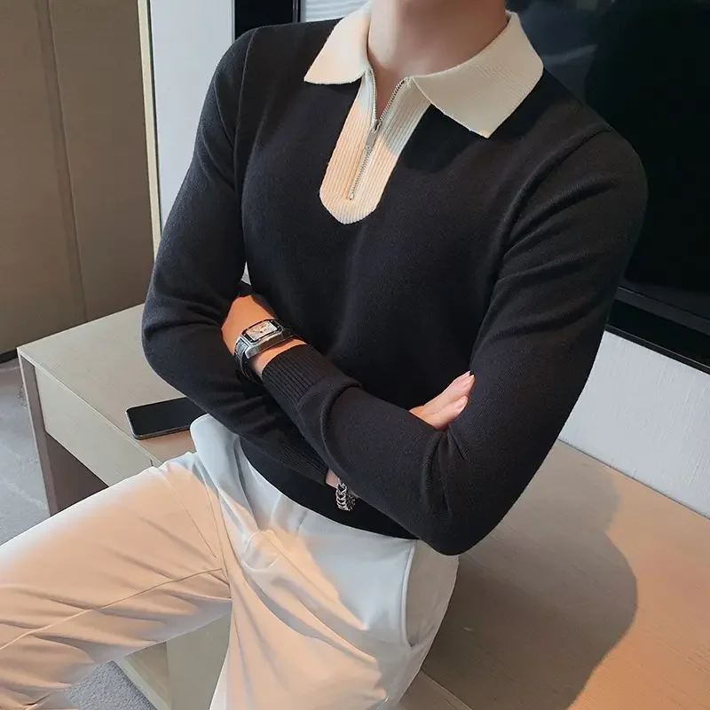 

Мужской вязаный свитер с воротником и длинными рукавами, контрастные цвета, пуловеры, повседневная уличная одежда в стиле Y2K, дизайнерская, высокое качество