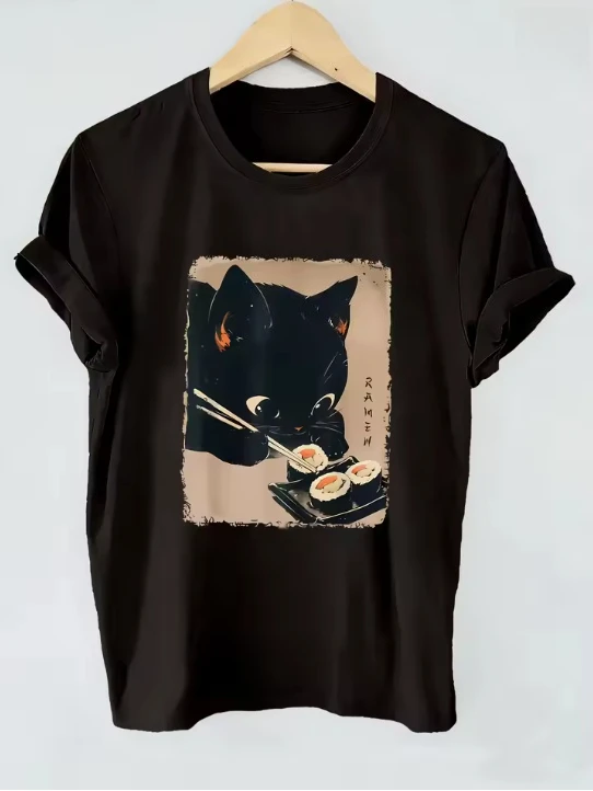 Camisetas divertidas de alta calidad de estilo japonés retro con diseño de gato comiendo sushi, camisetas para hombres y mujeres, camiseta de manga corta con cuello redondo, linda