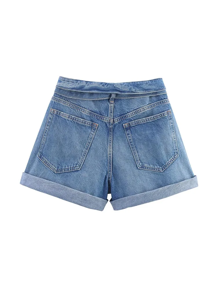 Damskie letnie spodenki jeansowe 2025 moda solidna, wysoka talia szarfy z kokardką kieszenie kobiece eleganckie spodenki uliczne odzież