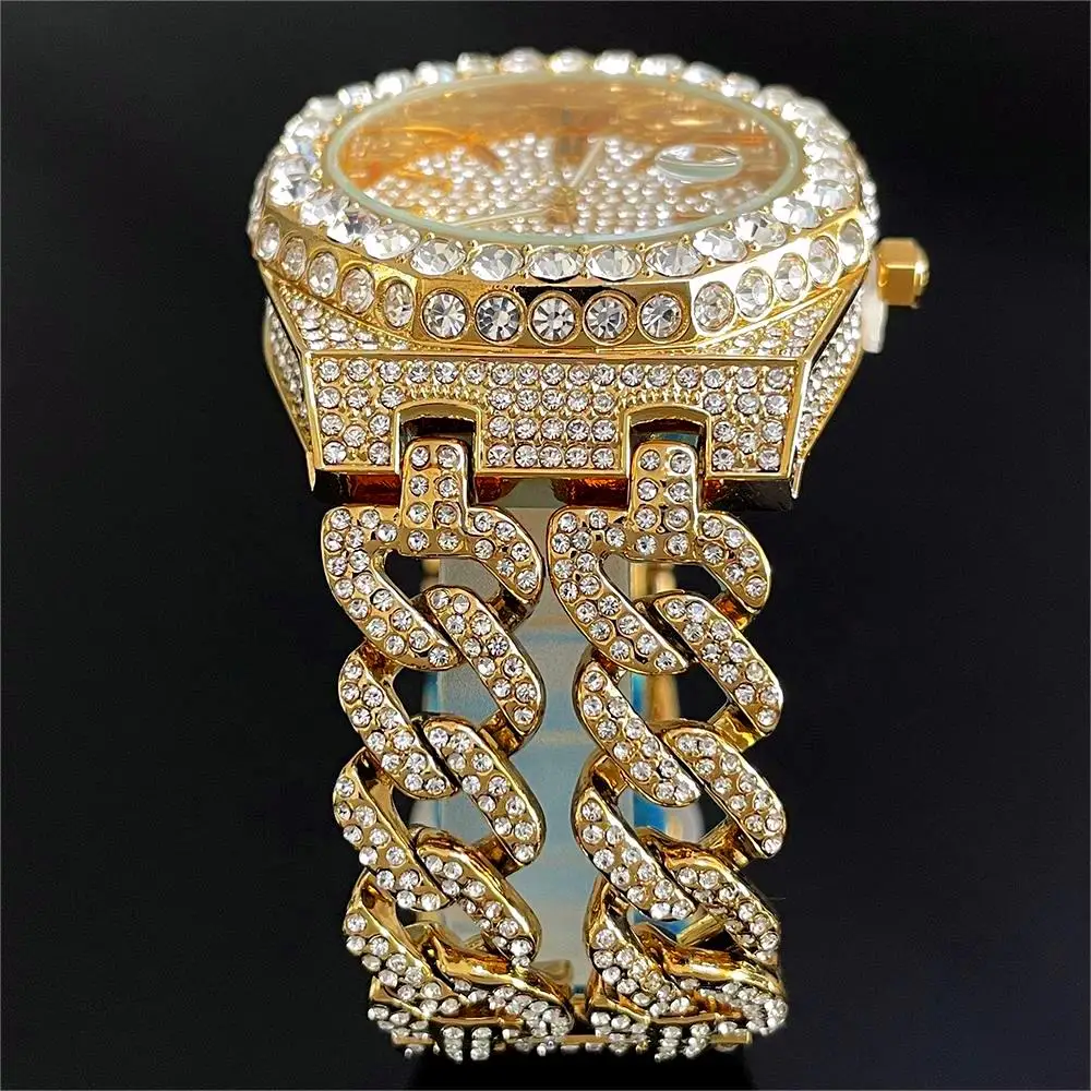 2024 Fashion Iced Out Watches Men Luxury Stainless Steel Golden Quartz Wristwatch Hip Hop Diamond Jewelry Watch Man Reloj Hombre