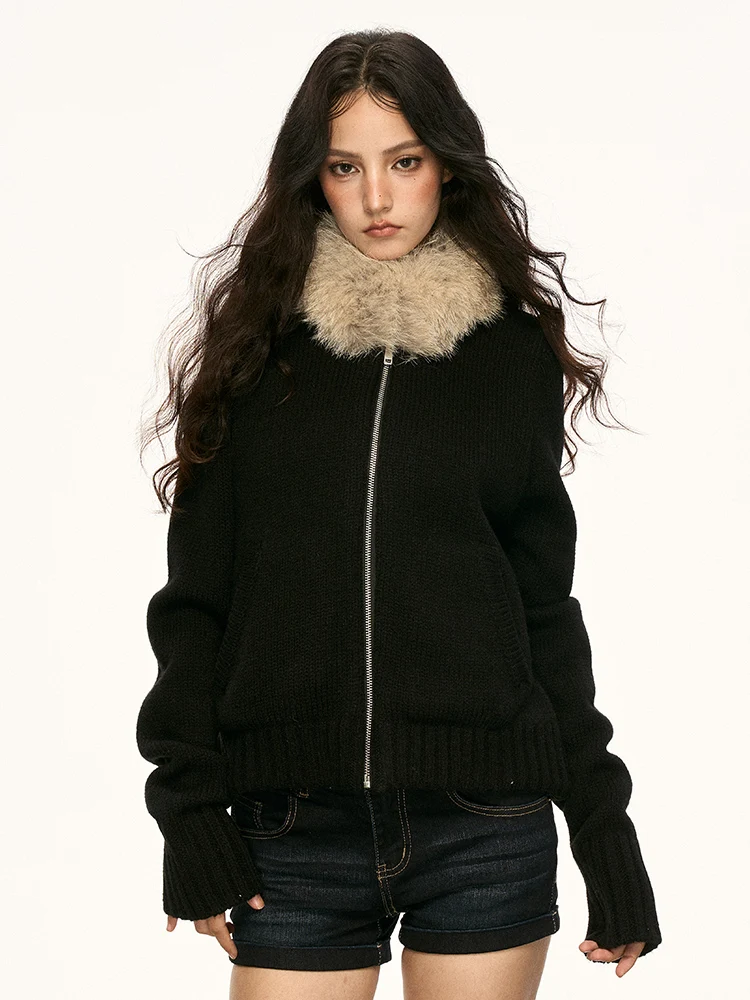 

Aaisup American Retro Warm Fur Collar Knitted Jaet Women's Autumn Winter Lazy Sle Slimming Zipper Open Cardigan Sweater