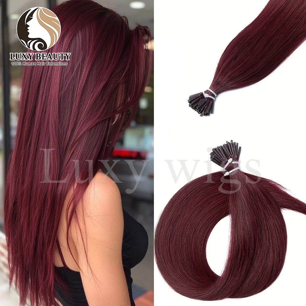 

12-20 дюймов бордовый I Tip Microlink наращивание волос человеческие волосы Burg 99J I Tip микрокольцо микробусина наращивание человеческих волос 50 шт./упак.