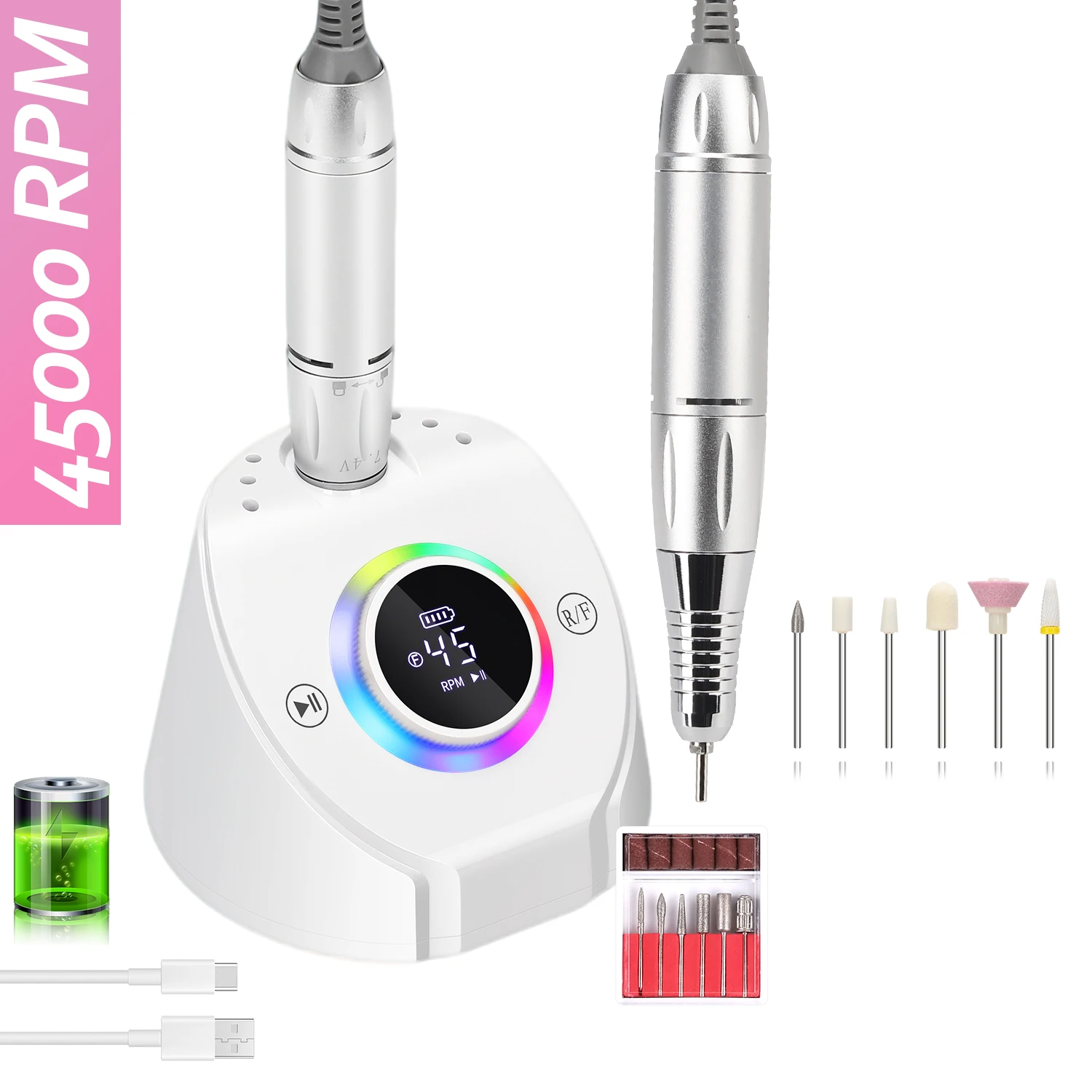 ZZ 45000RPM Rechargeable Nail Drill Desktop Nail Polishing Machine with 12 Drill Bits, Electric File, Nail Salon Tool