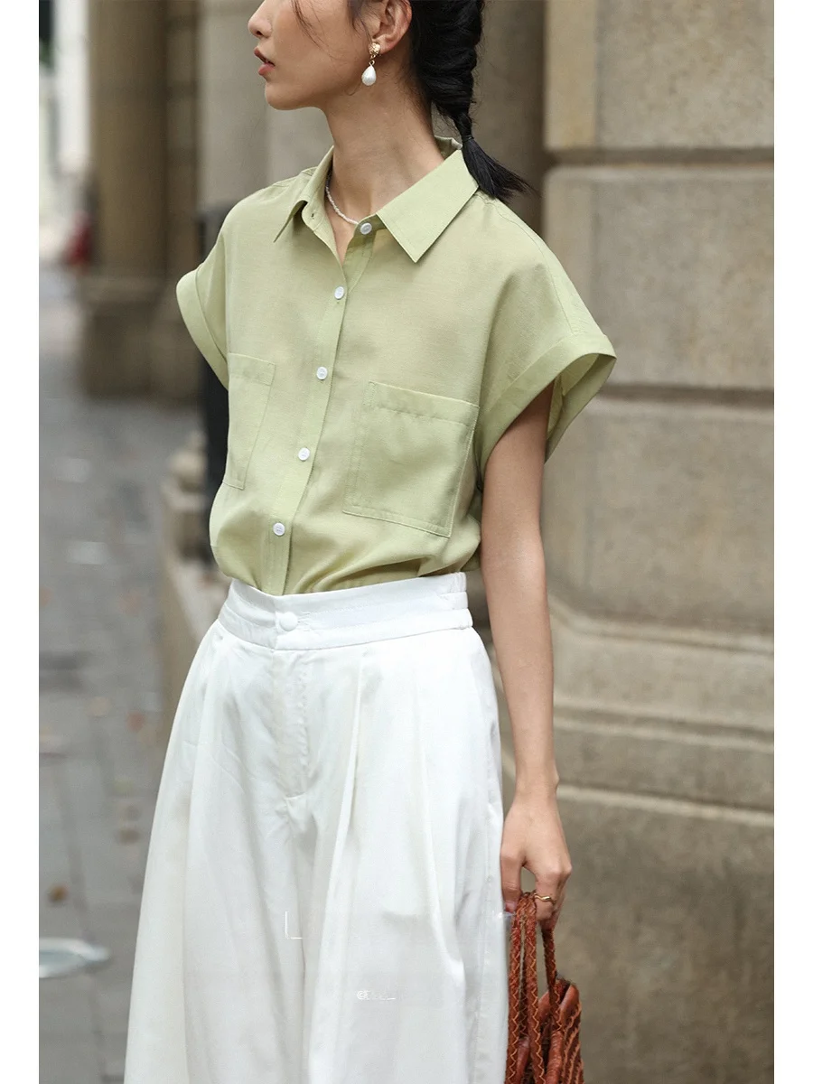 

Ультратонкая однотонная свободная женская рубашка с модным дизайном, универсальная повседневная рубашка из смесового полиэстера с коротким рукавом