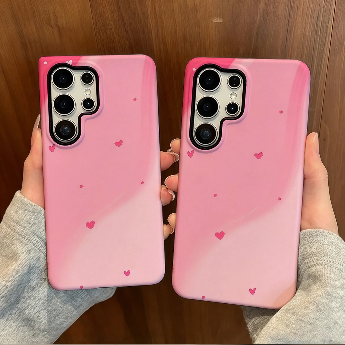 Pink Heart Drift Phone Case For Samsung Galaxy S26 S25 Ultra S24 S23 Plus Hard Shock‑Absorption 2-in-1Protective Cover