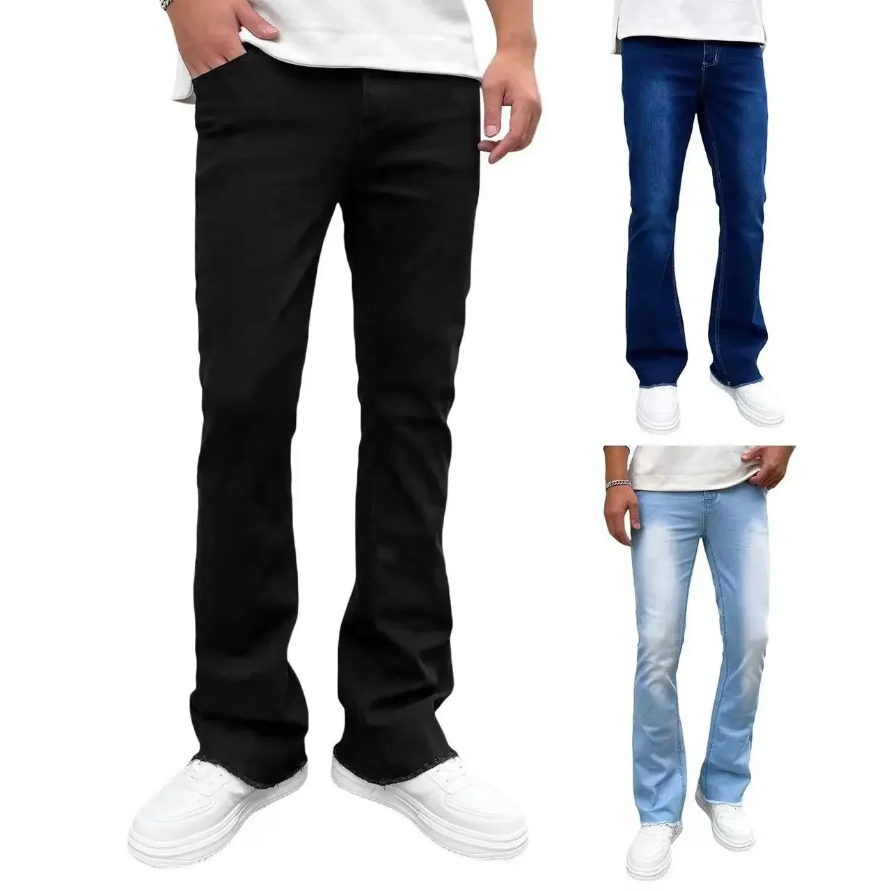 

Four Seasons New Fashion Men's Korean High Street Skinny Straight Solid Color Jeans Pants Casual Trendy Slim Flare Pants Male