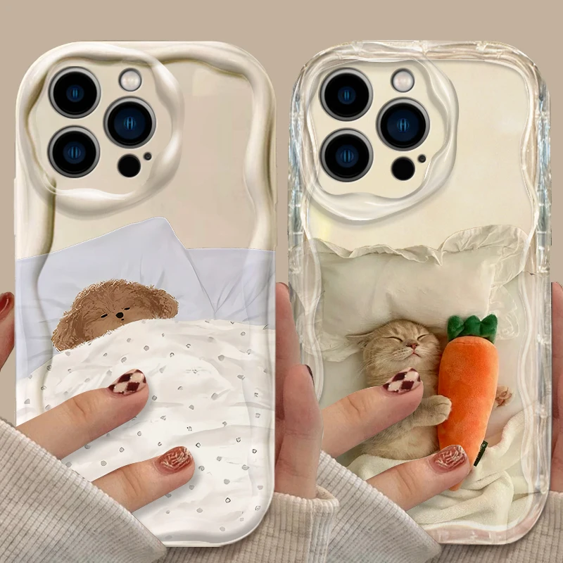 Funny Cat Dog Carrot Clear Wave Soft Case For iPhone 16 15 14 13 12 11 Pro Max X XR XS 8 7 Plus SE 2020 Shockproof  Back Cover