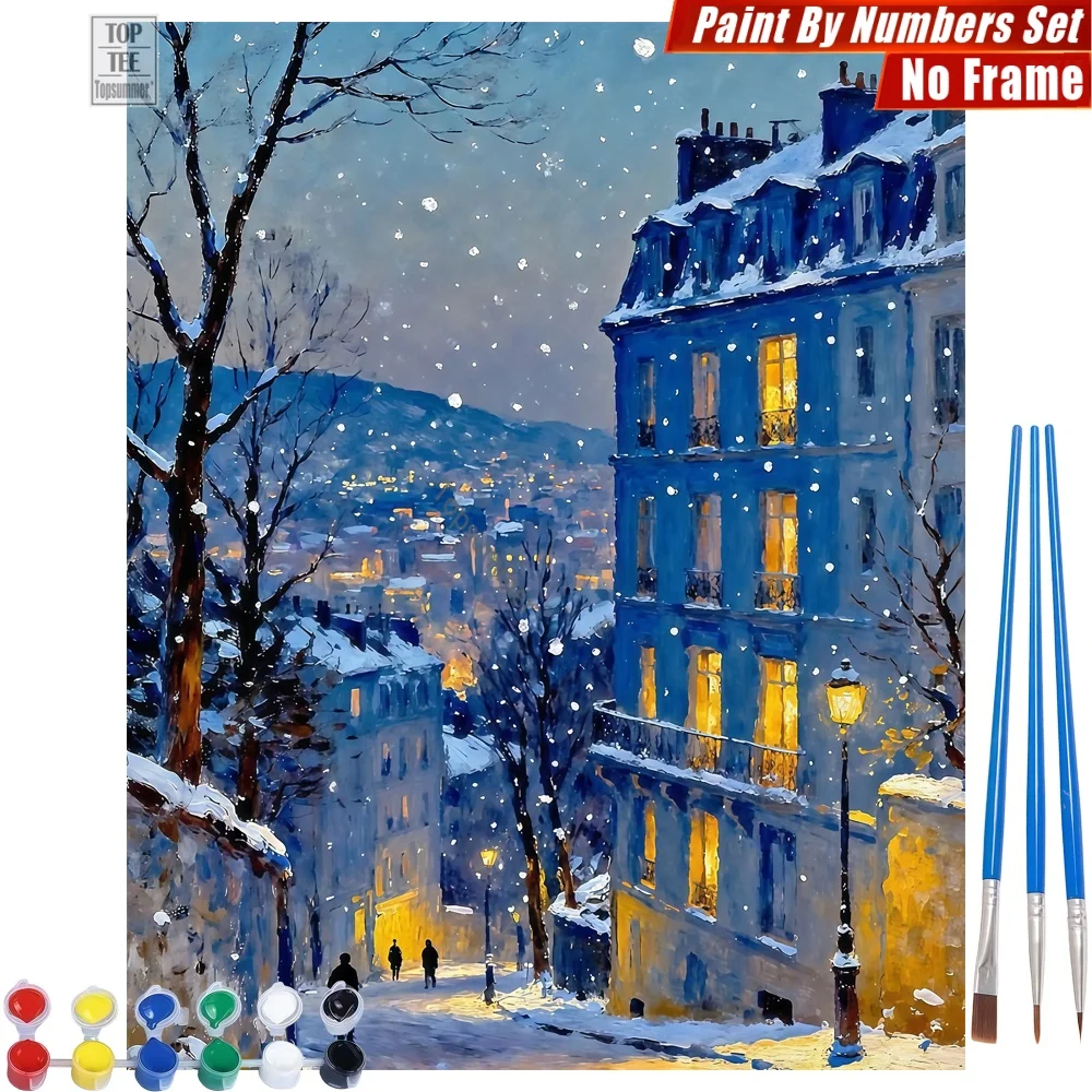 Set de Pintura al Óleo Digital DIY de Invierno en Montmartre - Luces de Nieve en París, Decoración para el Hogar y el Dormitorio, Regalo de Halloween para Papá