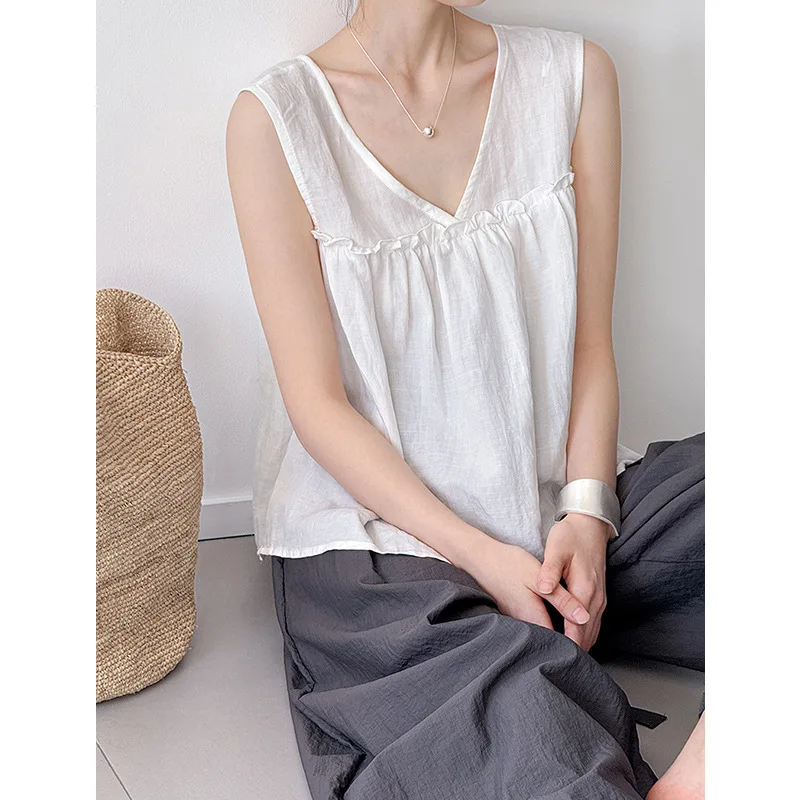 

Ramie women's shirt, summer women's top, V-neck sleeveless loose top with mushroom edge in three colors to choose from 2025 new