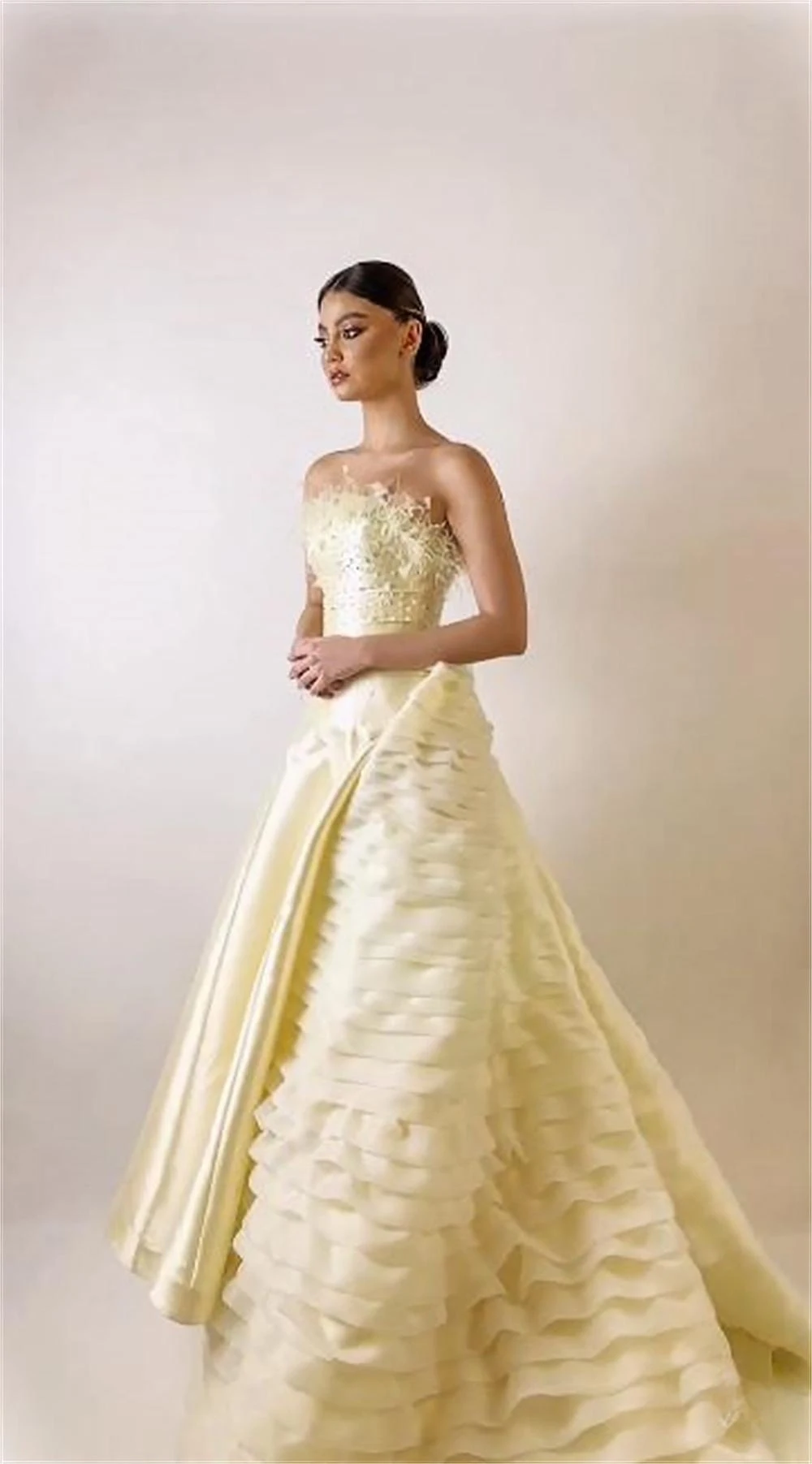 Customized Evening  Sexy Casual  Satin Beading Feather Draped Quinceanera A-line Strapless Bespoke Occasion Gown Long Dresses