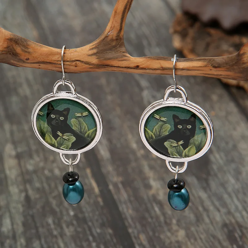 Vintage Round Black Cat Earrings for Women Ethnic Antique Silver Color Painting Green Leaves Blauwe Parel Dangle Earrings