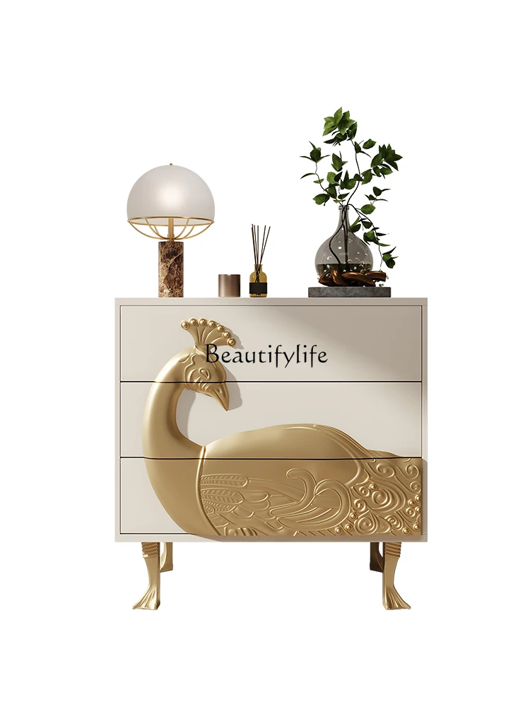 

American New Classical Living Room Solid Wood Carving Peacock Curio Cabinet Affordable Luxury Style Hallway Chest of Drawer