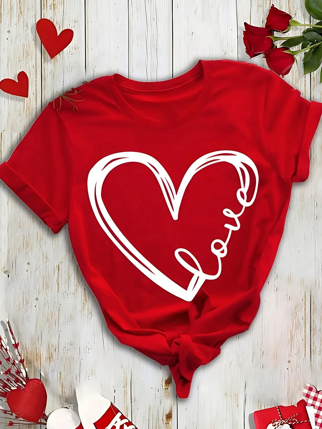

Женская повседневная футболка с романтичным принтом — яркий круглый вырез с художественным надписью «Сердце», повседневная одежда для женщин на День святого Валентина