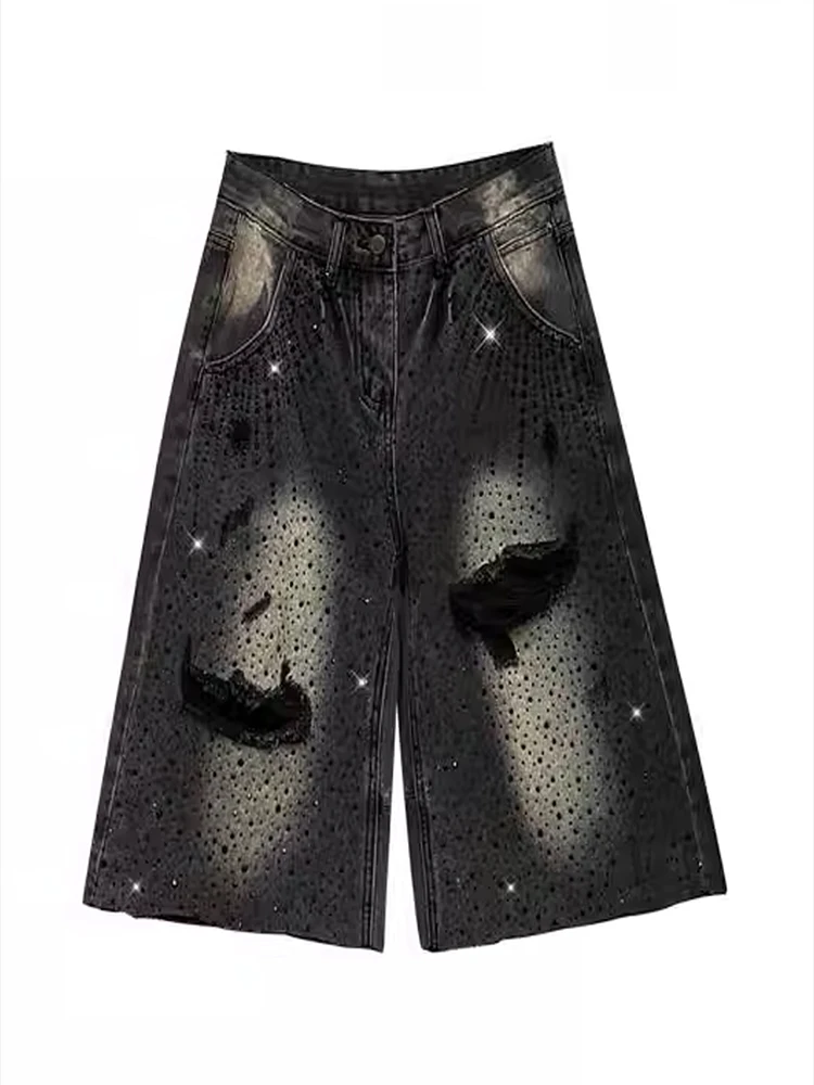 Pantaloni medi in denim con strass retrò stile americano da donna estate 2025 nuovi pantaloni larghi cinque quarti personalizzati da strada