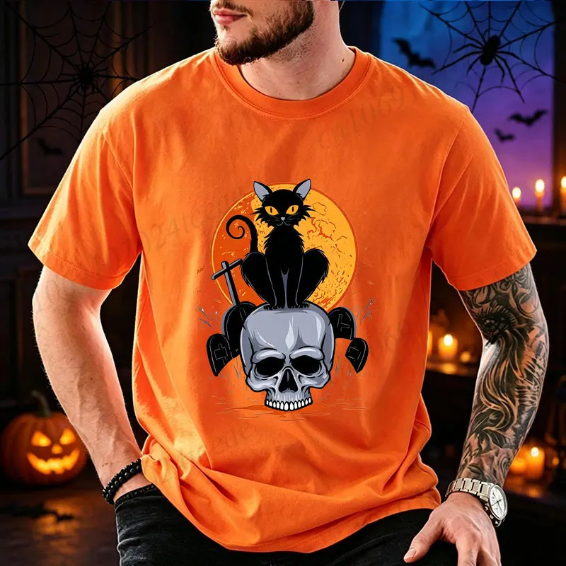 Halloween Black Cat Skull T Shirt Men Gothic Retro Graphic Oversized Tee Casual Short Sleeve Tshirt Halloween Party Costume Tops