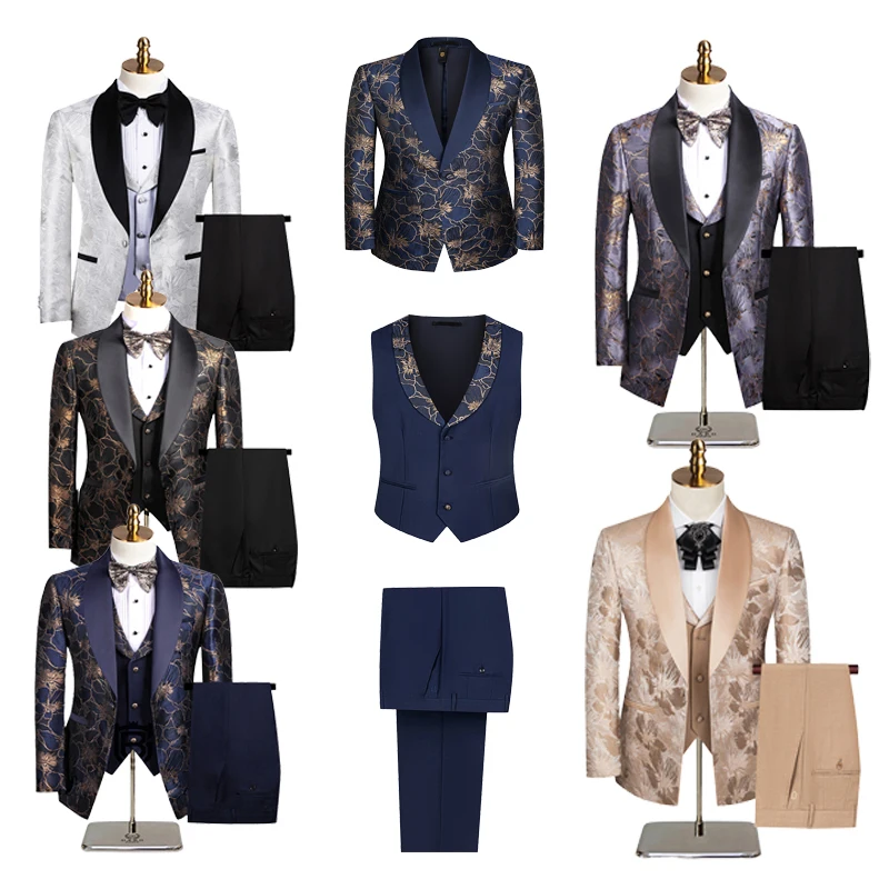 

2025 New Jacquard Green Fruit Collar Wedding Suits for Men,Khaki Banquet Party Luxury Casual Men's Blazer+Pants+Vest,3-Piece Set