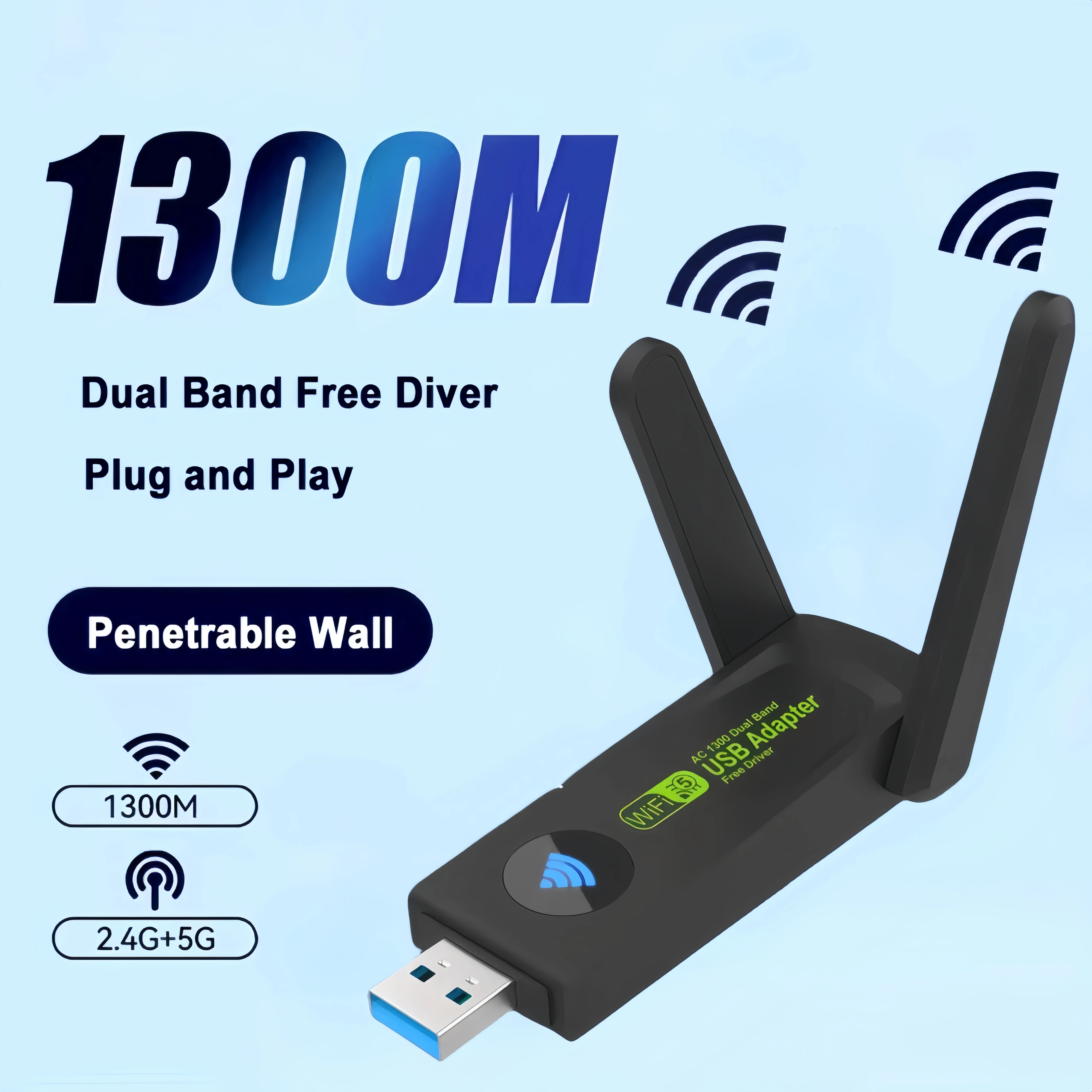 Dongle WiFi 1300Mbps, penerima nirkabel antena kuat 802.11AC 2.4G/5Ghz untuk PC/Laptop