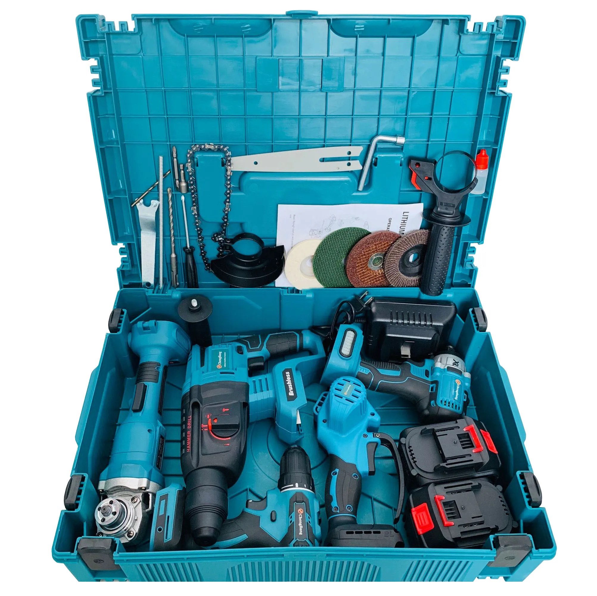 Wiederaufladbare Elektrowerkzeuge-Sets, bürstenloser Winkelschleifer, Hammerbohrer, Kettensäge, Gebläse, Schraubenschlüssel, elektrischer Ventilator, Kombinationswerkzeug-Set