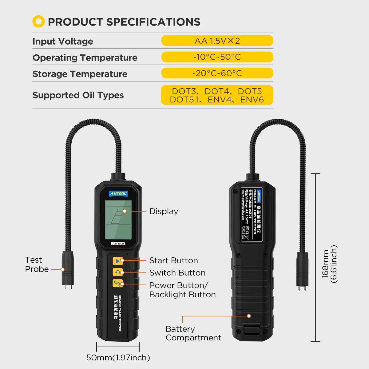 

AUTOOL AS501 Тестер тормозной жидкости с LED-индикатором Env4, Env6, Dot3, Dot5, Dot501, Dot4. Поддерживает DOT3/4/5/5.1, ENV4, ENV6.