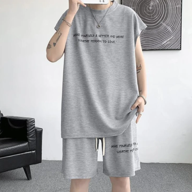 

Trendy Versatile Casual Plus Size Men Summer Sportswear Set Waffle Sleeveless Tank Top T Shirt 2 Piece