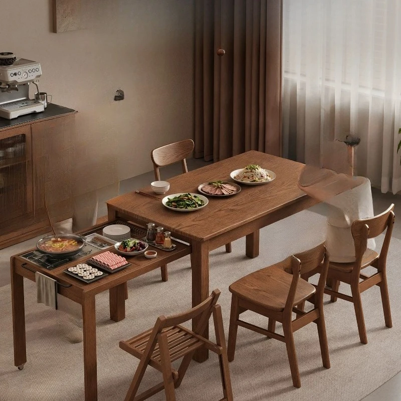 Solid wood dining table rectangular restaurant barbecue deformation telescopic household large board table